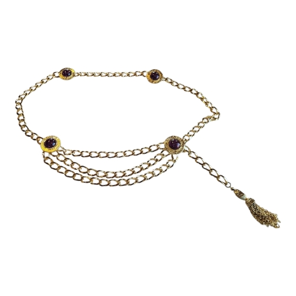 St John 1980's Bright Gold Burgundy Cabachon Chain Link Tassel Adjustable Belt - Picture 1 of 9